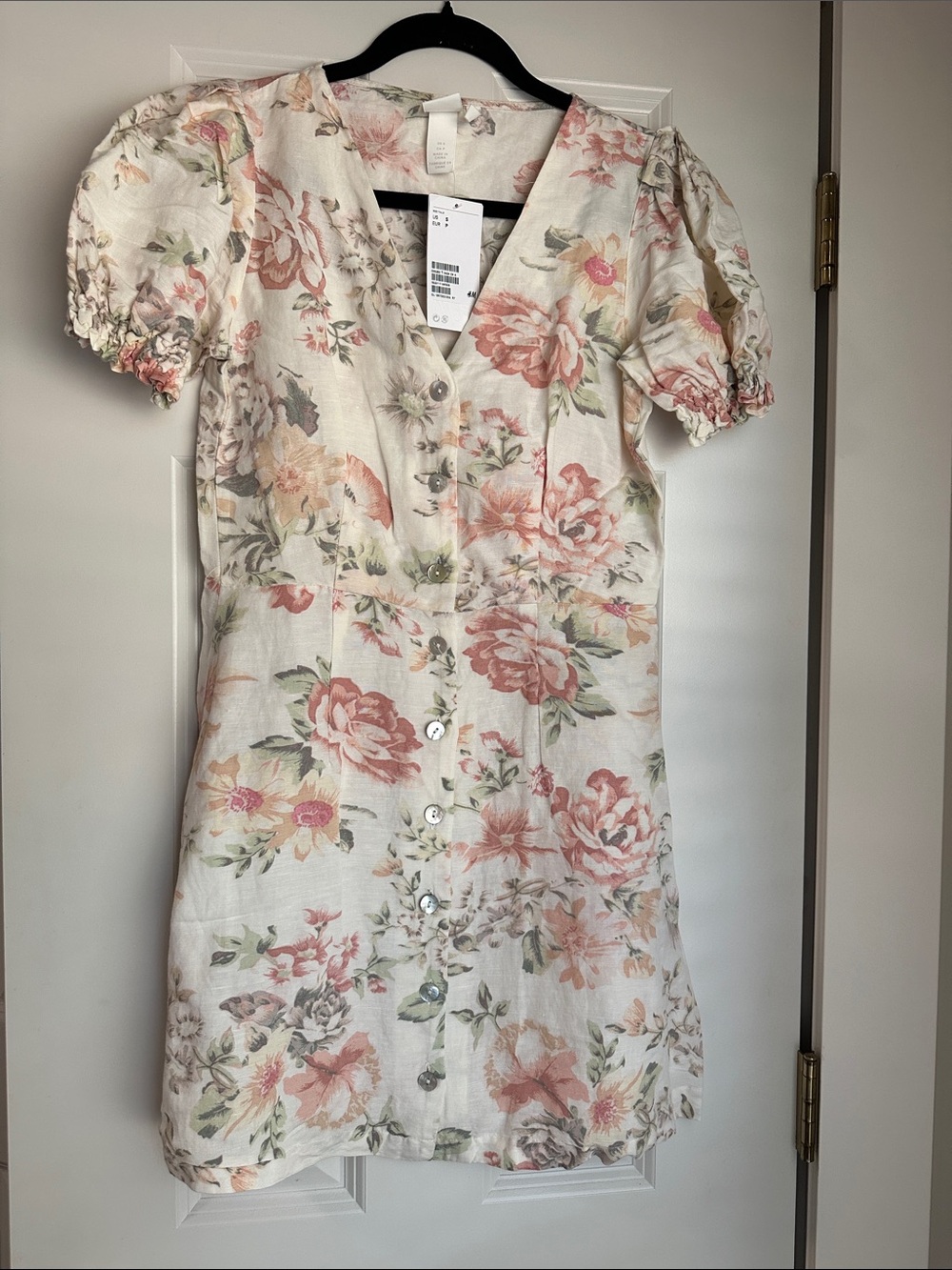 H&M Cream Floral Button-Front Mini Dress with Puff Sleeves